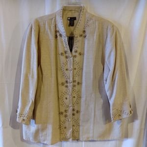 NEW Women's Cream Brown Silk Floral Embroidery Blazer Jacket By Carole Little 3X